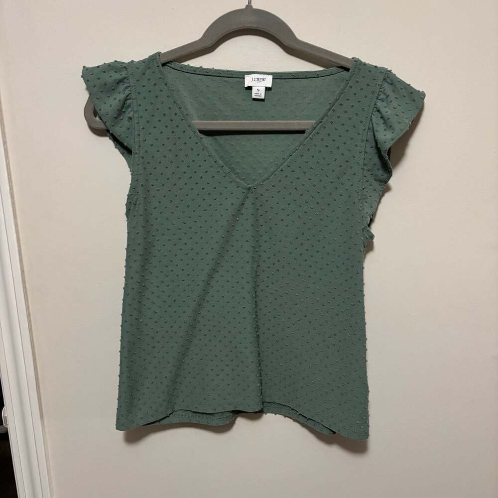 J.Crew Ruffle-Sleeve Clip-Dot V-Neck Top Green Size S